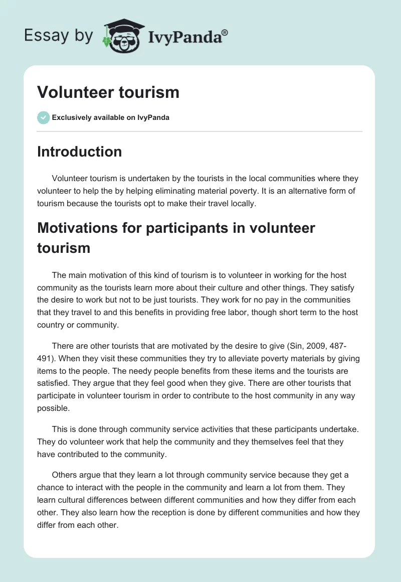 Volunteer Tourism. Page 1