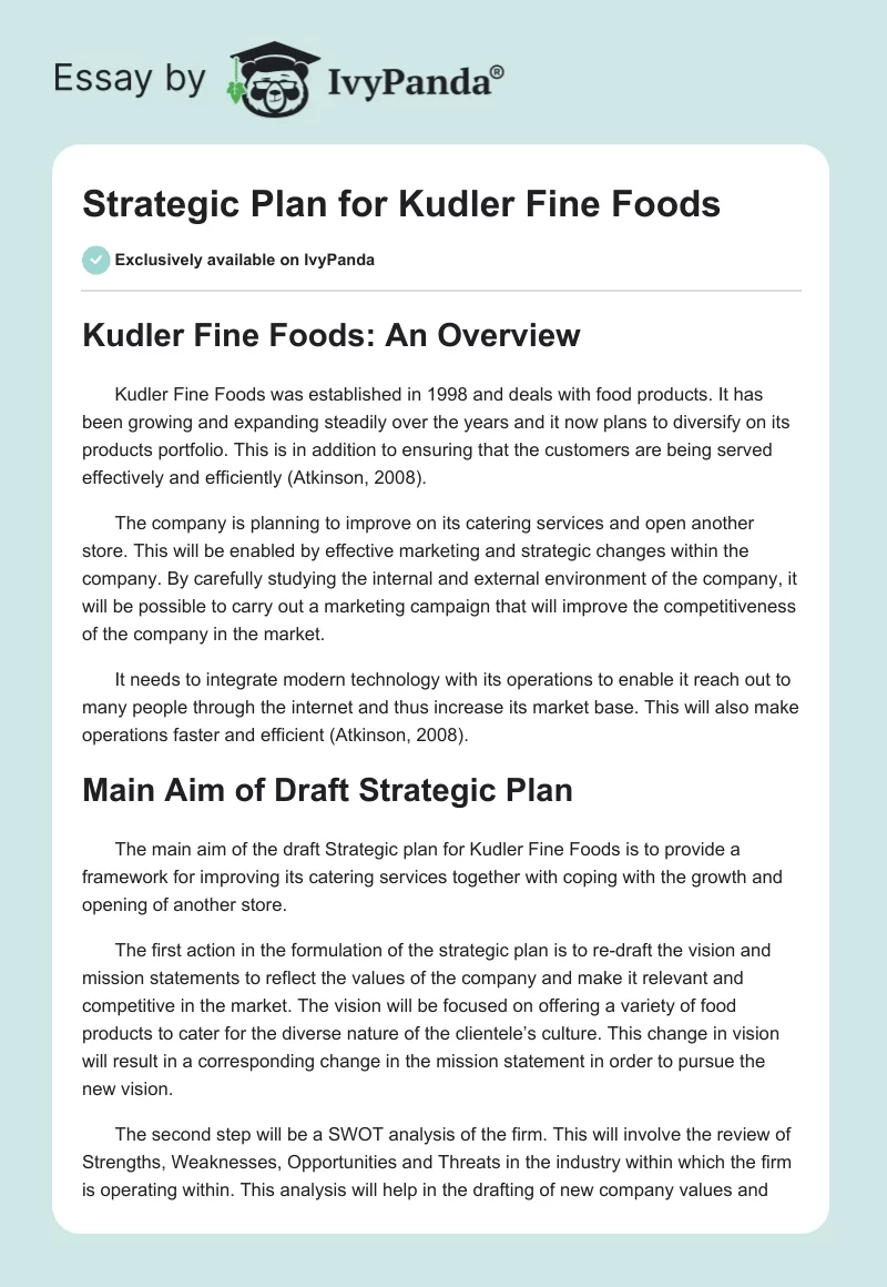 Strategic Plan for Kudler Fine Foods. Page 1