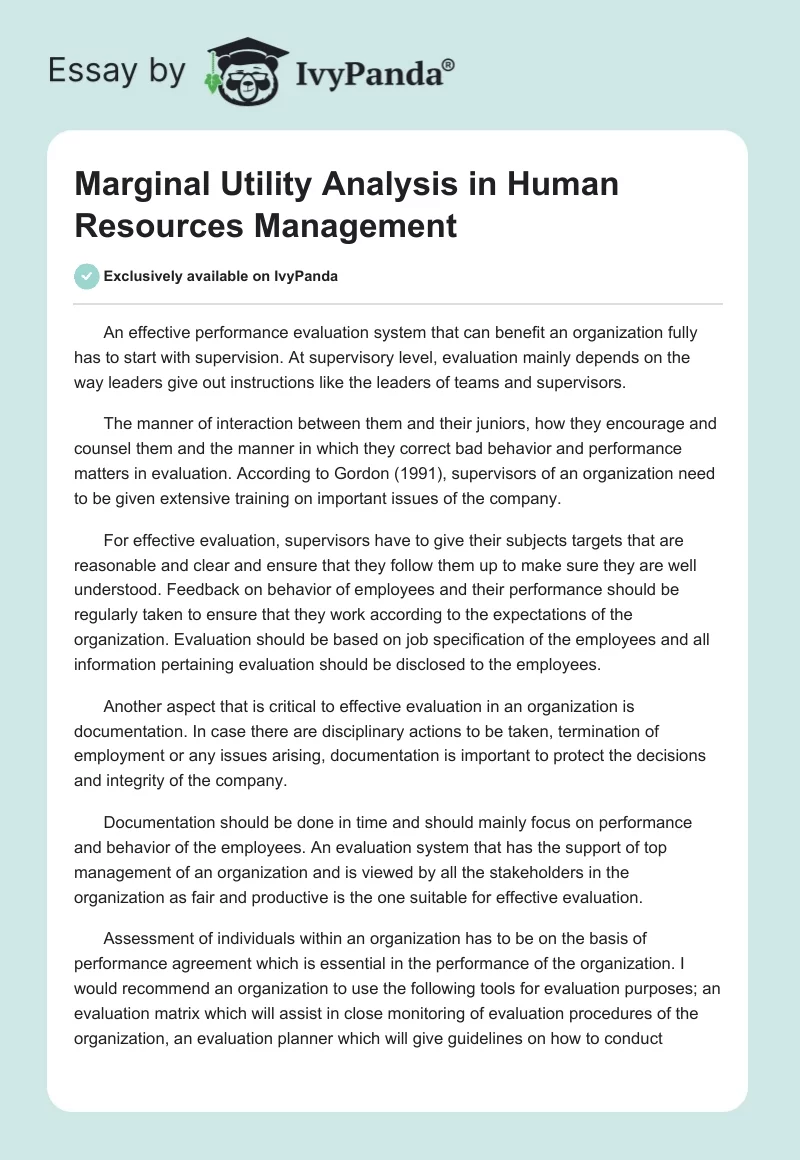 Marginal Utility Analysis in Human Resources Management. Page 1