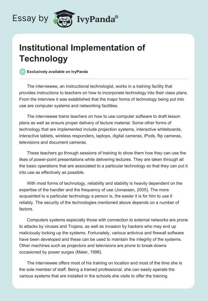 Institutional Implementation of Technology. Page 1