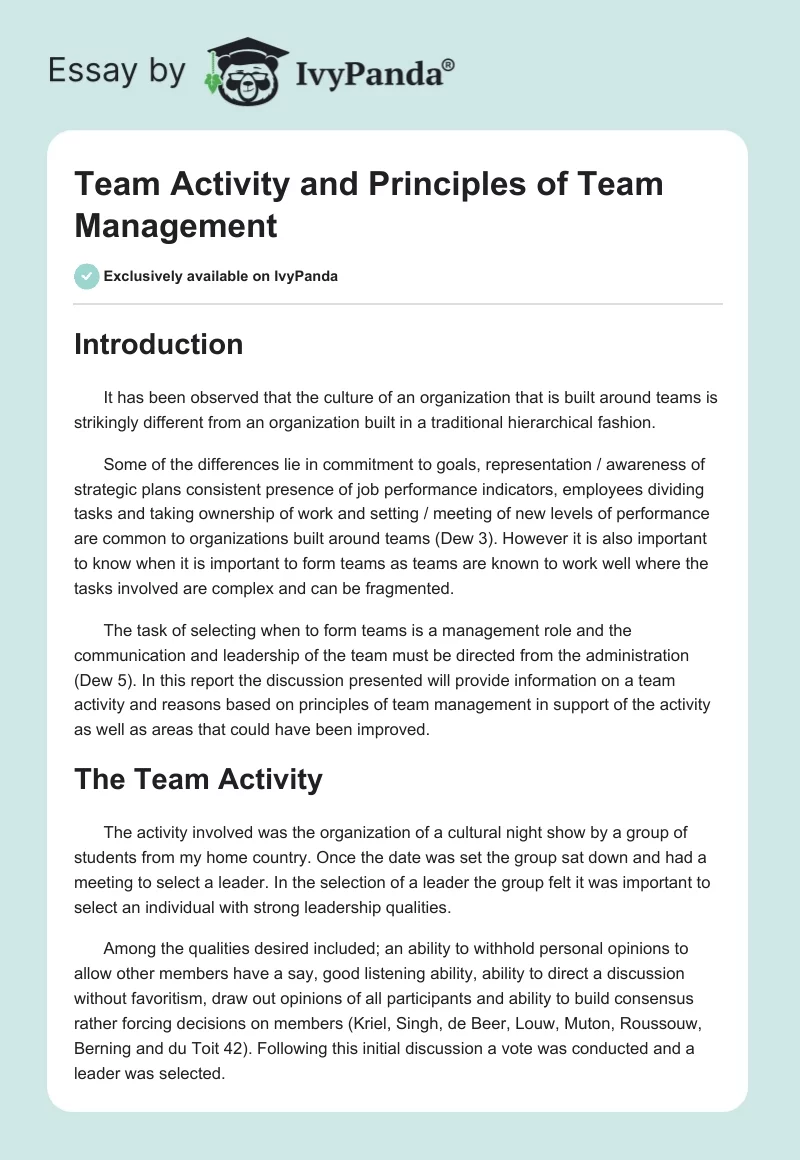 Team Activity and Principles of Team Management. Page 1