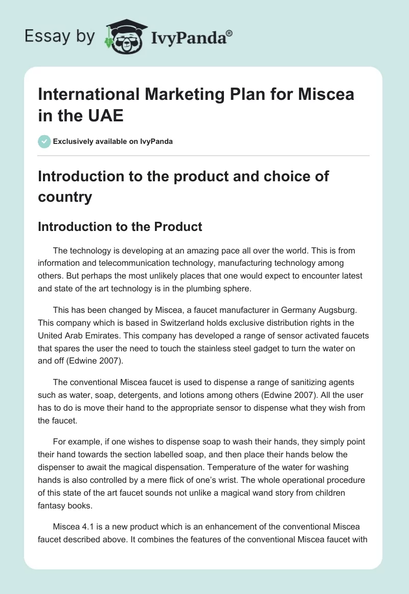 International Marketing Plan for Miscea in the UAE. Page 1