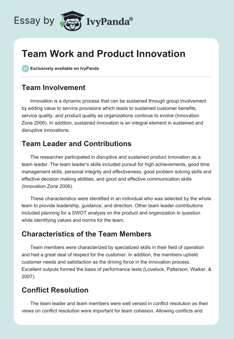 Team Work and Product Innovation. Page 1