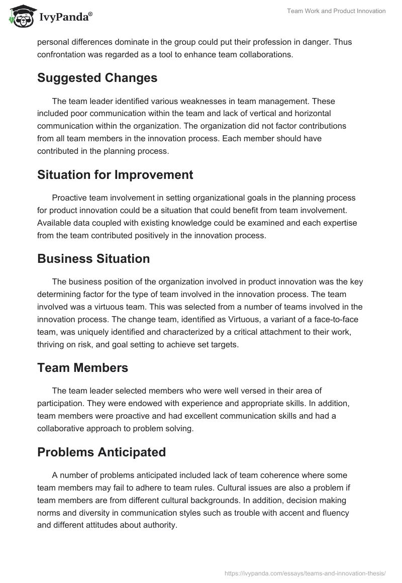 Team Work and Product Innovation. Page 2