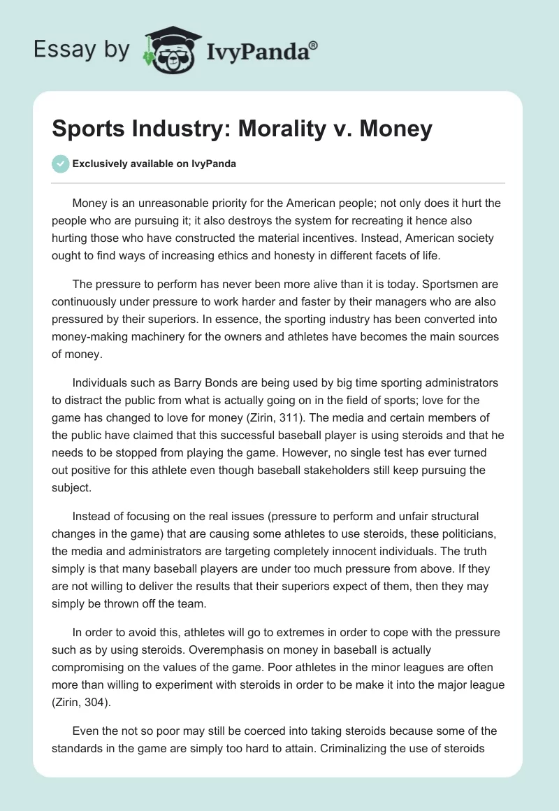 Sports Industry: Morality vs. Money. Page 1