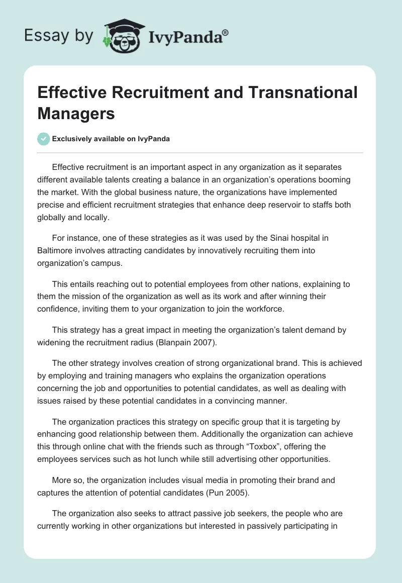 Effective Recruitment and Transnational Managers. Page 1