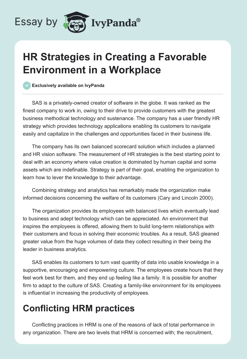 HR Strategies in Creating a Favorable Environment in a Workplace. Page 1