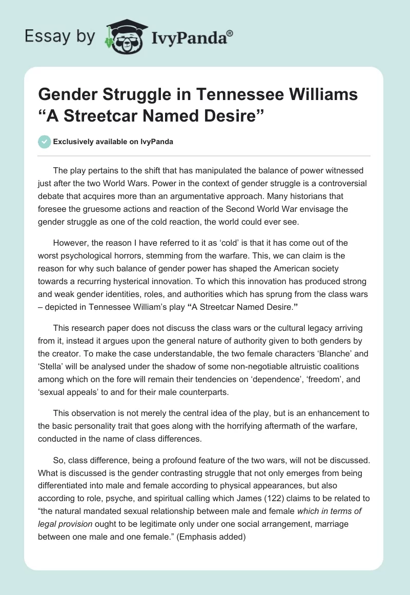 Gender Struggle in Tennessee Williams “A Streetcar Named Desire”. Page 1