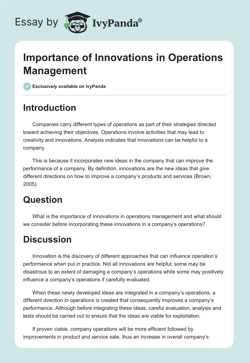 Importance of Innovations in Operations Management. Page 1