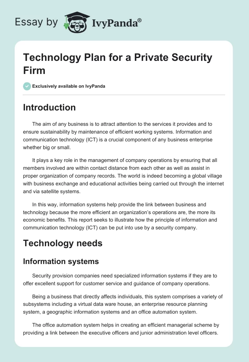 Technology Plan for a Private Security Firm. Page 1