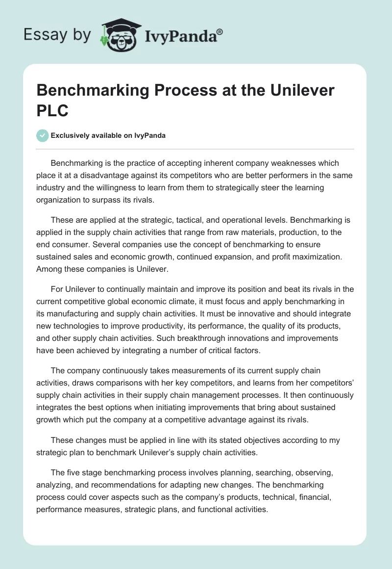 Benchmarking Process at the Unilever PLC. Page 1
