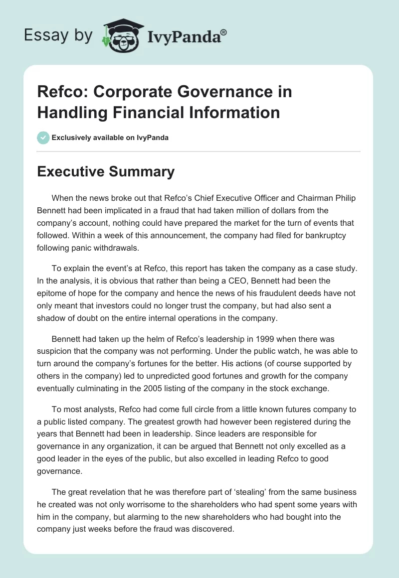 Refco: Corporate Governance in Handling Financial Information. Page 1
