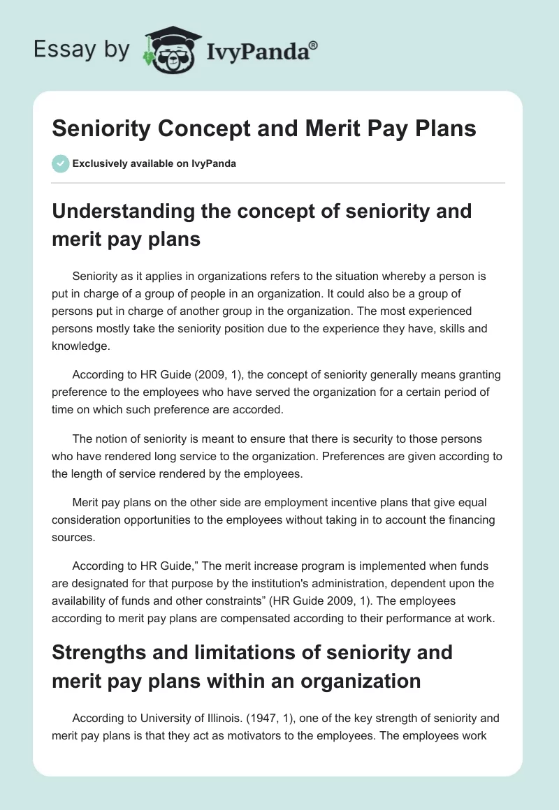 Seniority Concept and Merit Pay Plans. Page 1