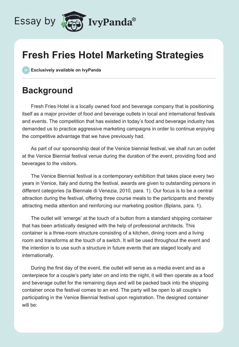 Fresh Fries Hotel Marketing Strategies. Page 1