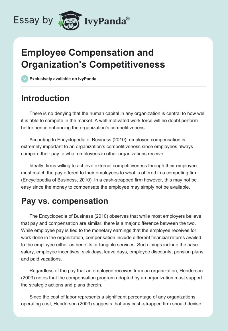 Employee Compensation and Organization's Competitiveness. Page 1