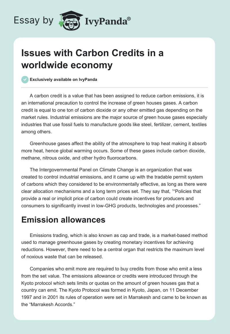 Issues with Carbon Credits in a worldwide economy. Page 1