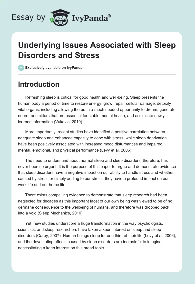 Underlying Issues Associated with Sleep Disorders and Stress. Page 1