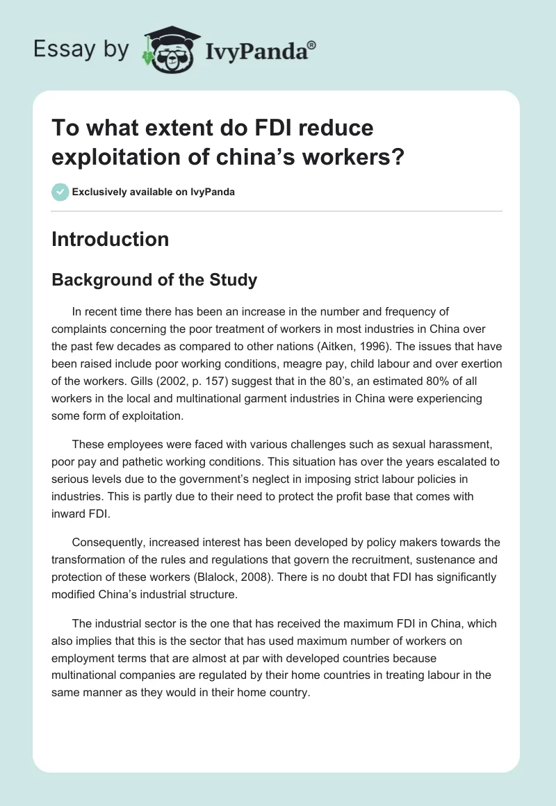 To What Extent Do FDI Reduce the Exploitation of China’s Workers?. Page 1