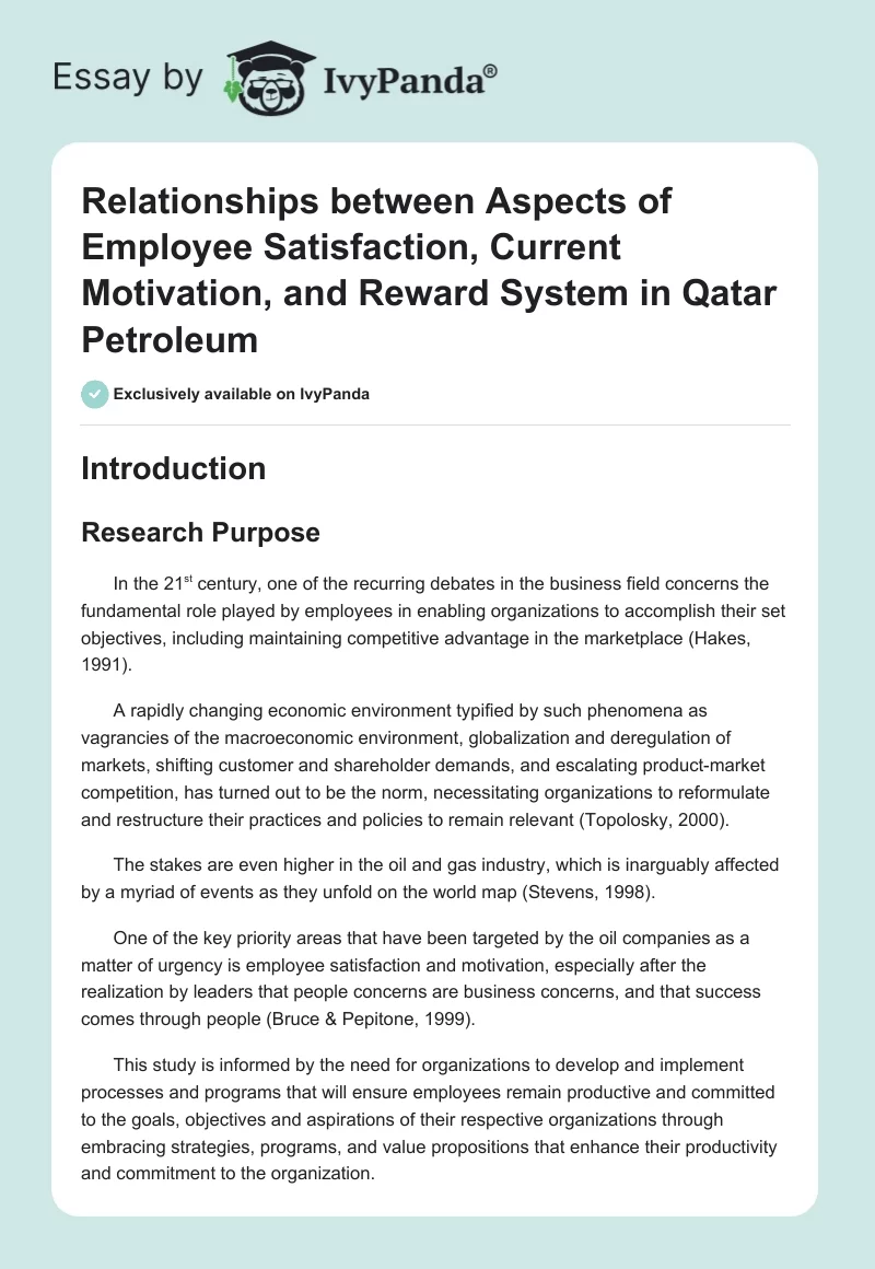 Relationships Between Aspects of Employee Satisfaction, Current Motivation, and Reward System in Qatar Petroleum. Page 1