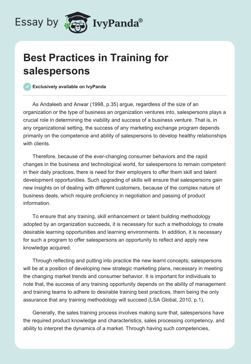 Best Practices in Training for salespersons. Page 1