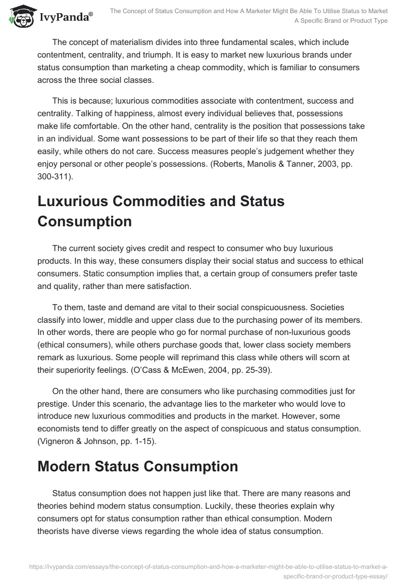 The Concept of Status Consumption and How a Marketer Might Be Able to Utilise Status to Market a Specific Brand or Product Type. Page 3