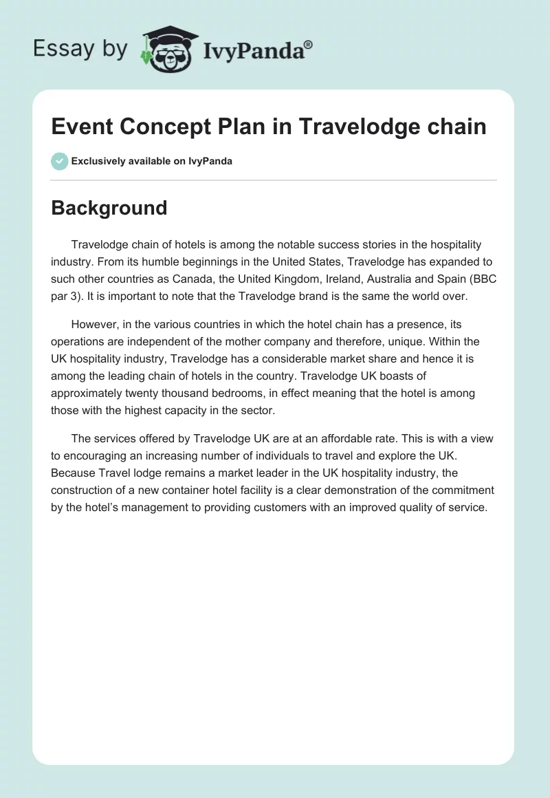 Event Concept Plan in Travelodge chain. Page 1