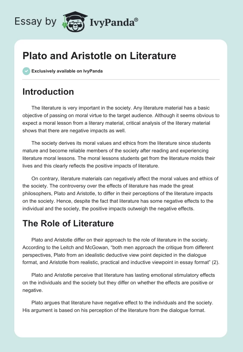 Plato and Aristotle on Literature Compare & Contrast Essay. Page 1