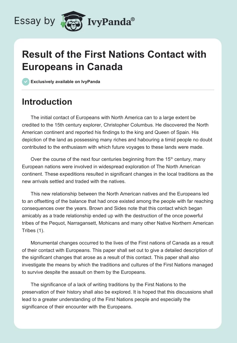 Result of the First Nations Contact with Europeans in Canada. Page 1