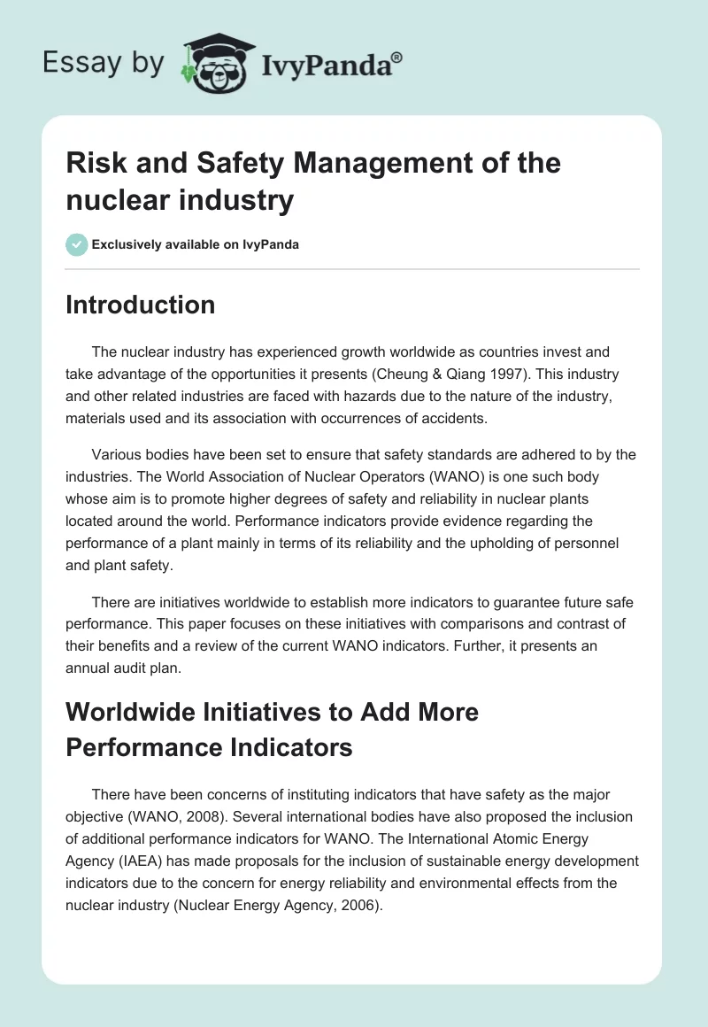Risk and Safety Management of the nuclear industry. Page 1