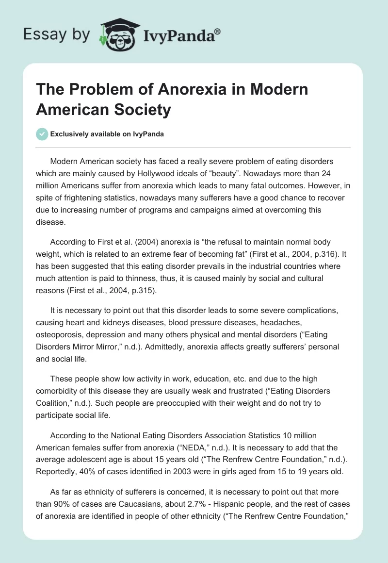 The Problem of Anorexia in Modern American Society. Page 1
