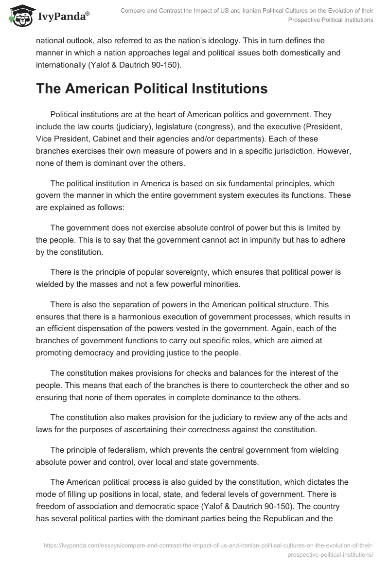Compare and Contrast the Impact of US and Iranian Political Cultures on the Evolution of their Prospective Political Institutions. Page 3