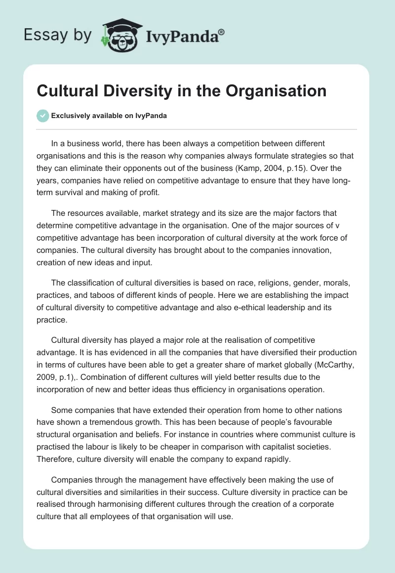 Cultural Diversity in the Organisation. Page 1
