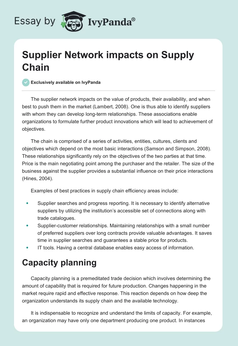 Supplier Network impacts on Supply Chain. Page 1