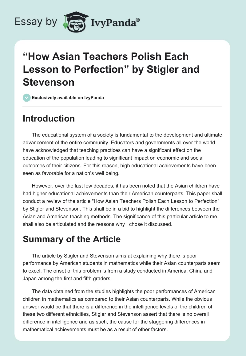 “How Asian Teachers Polish Each Lesson to Perfection” by Stigler and Stevenson. Page 1