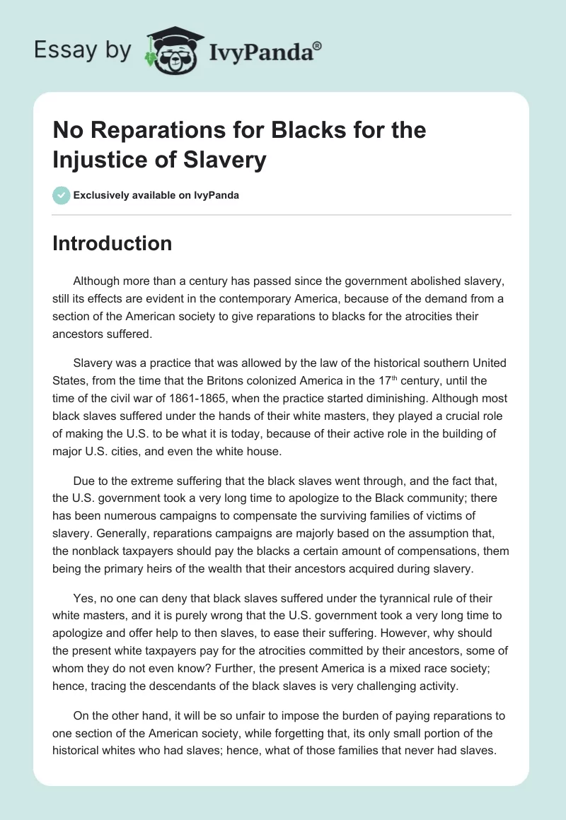 No Reparations for Blacks for the Injustice of Slavery. Page 1