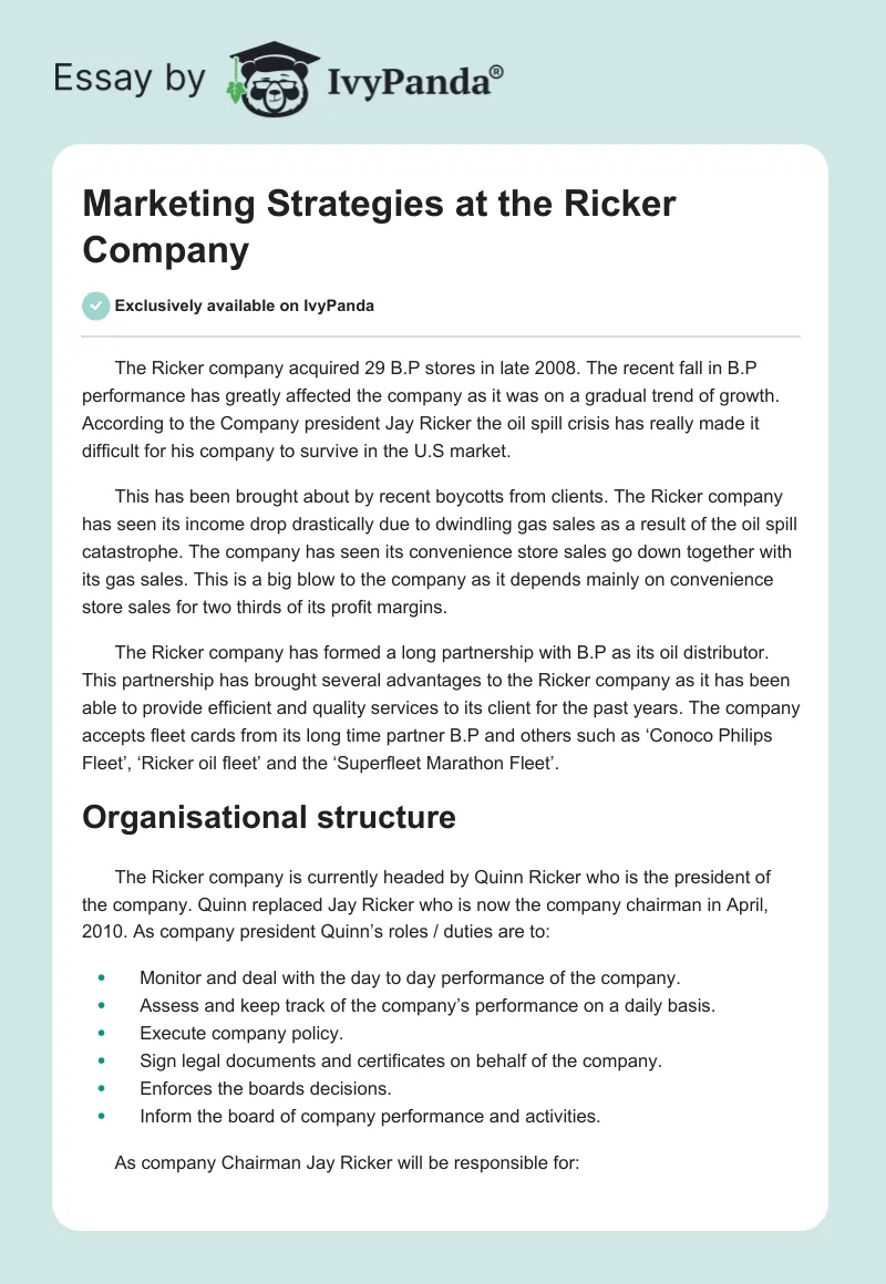 Marketing Strategies at the Ricker Company. Page 1