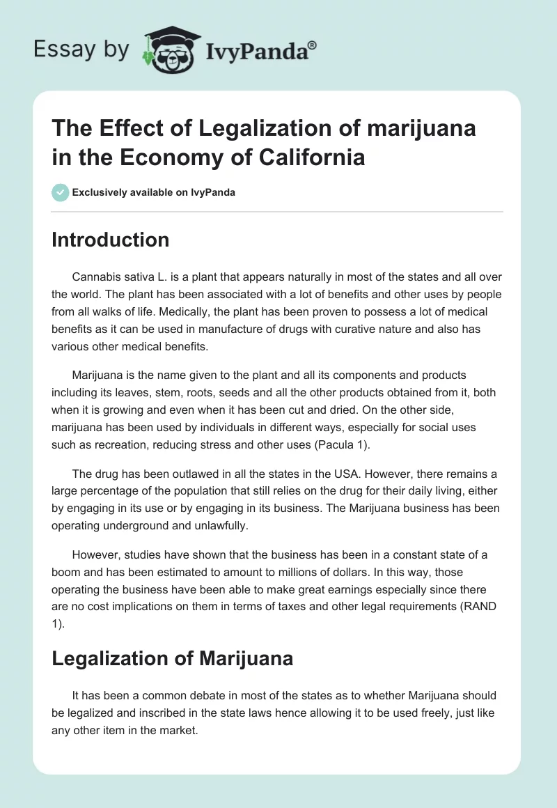 The Effect of Legalization of marijuana in the Economy of California. Page 1