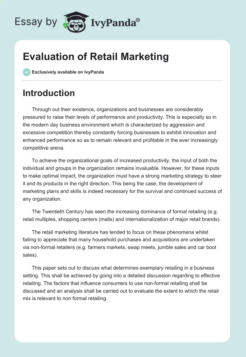 Evaluation of Retail Marketing. Page 1