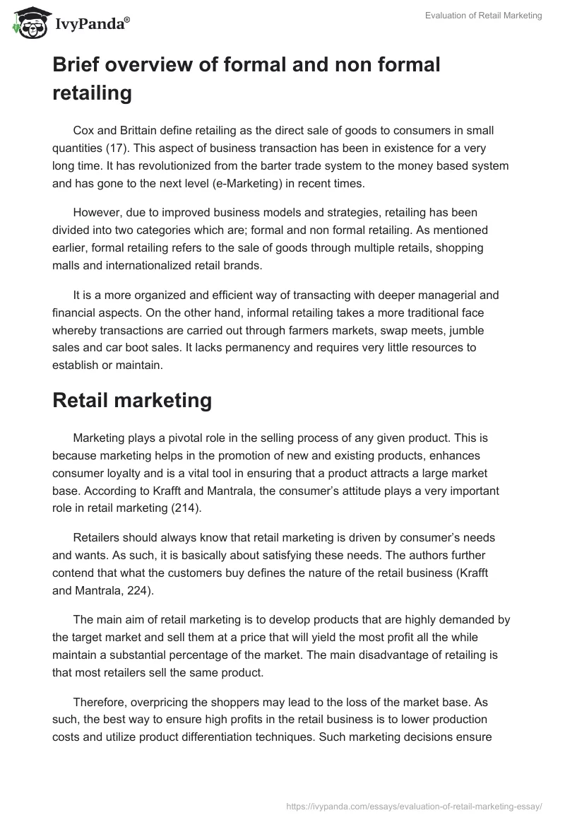 Evaluation of Retail Marketing. Page 2