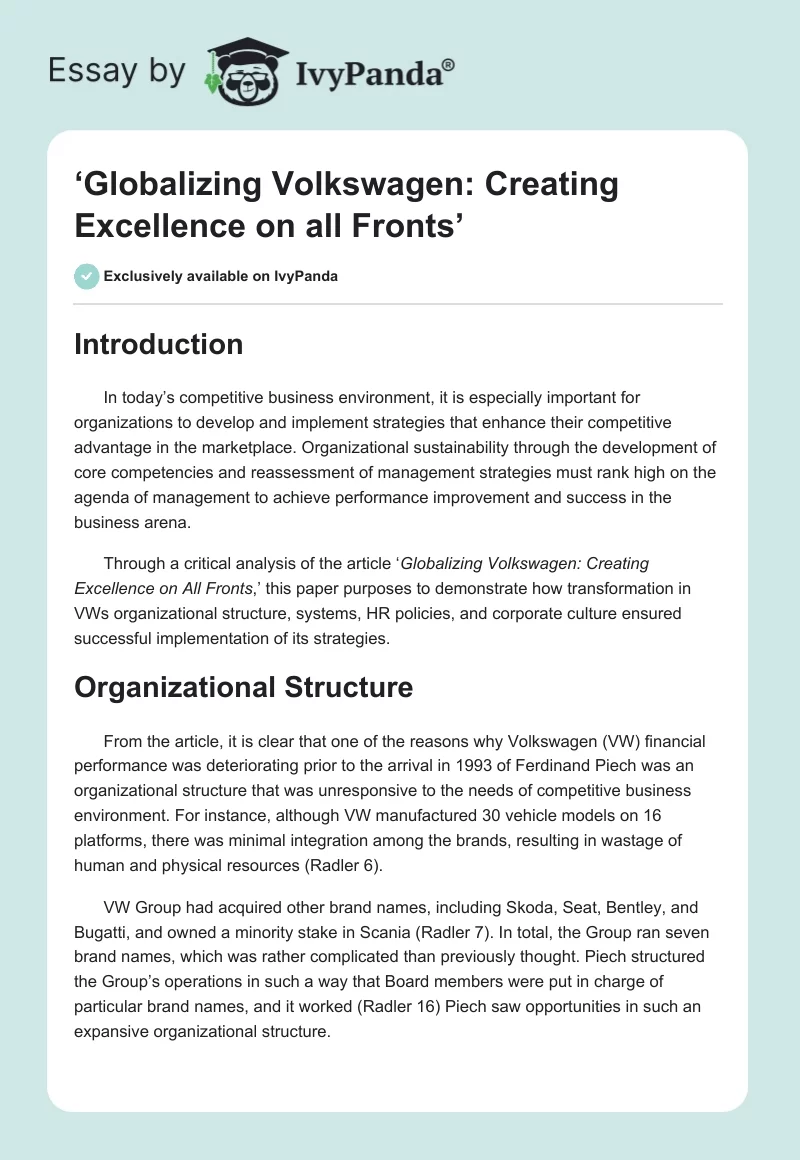 ‘Globalizing Volkswagen: Creating Excellence on all Fronts’. Page 1
