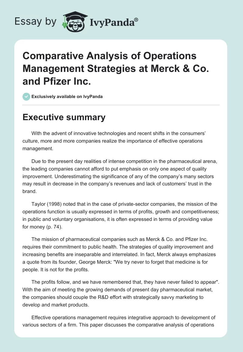 Comparative Analysis of Operations Management Strategies at Merck & Co. and Pfizer Inc.. Page 1