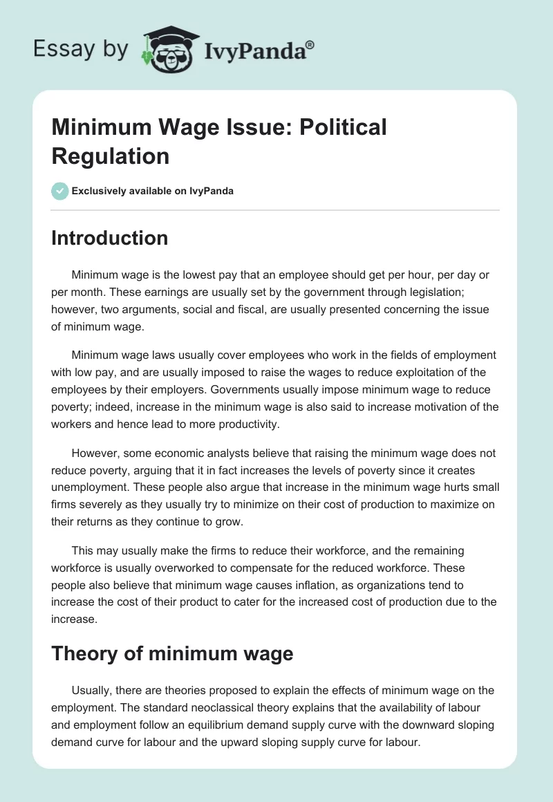 Minimum Wage Issue: Political Regulation. Page 1
