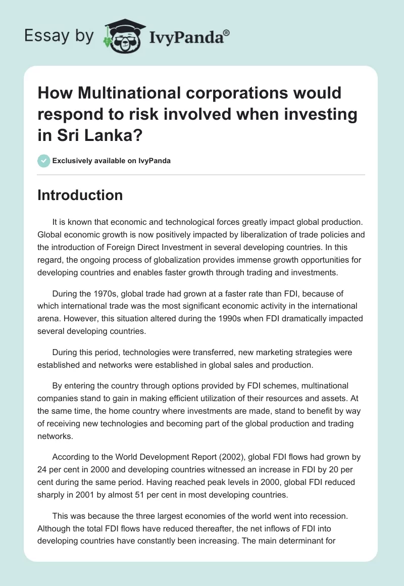 How Multinational Corporations Would Respond to Risk Involved When Investing in Sri Lanka?. Page 1