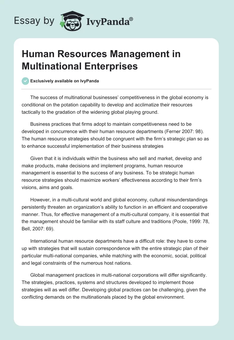 Human Resources Management in Multinational Enterprises. Page 1