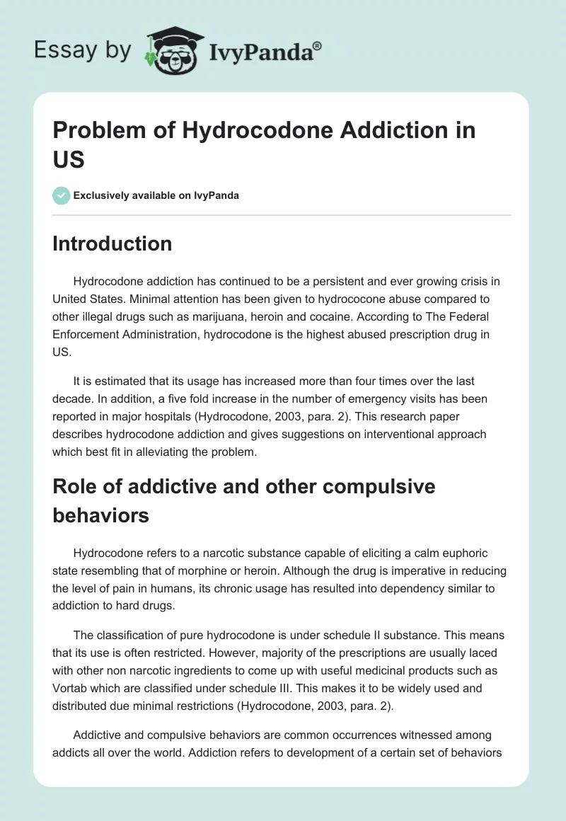Problem of Hydrocodone Addiction in US. Page 1