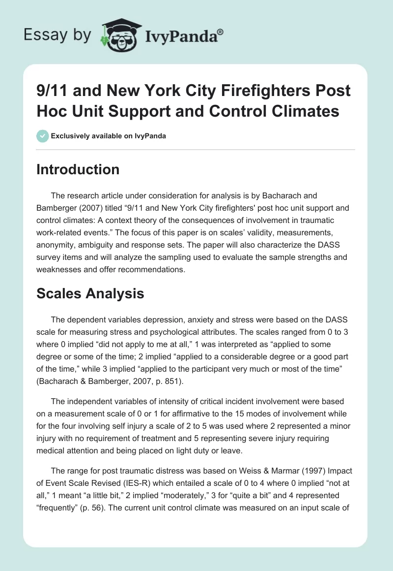 "9/11 and New York City Firefighters" Post Hoc Unit Support and Control Climates. Page 1