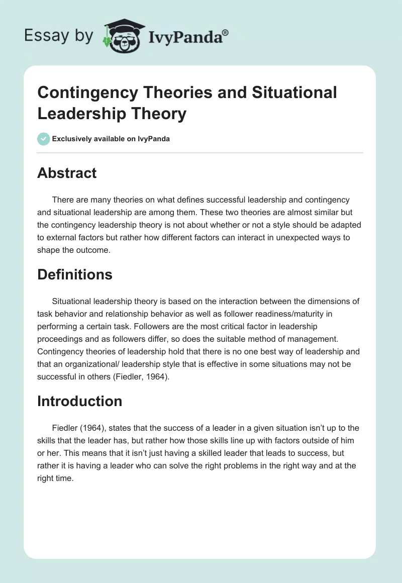 Contingency Theories and Situational Leadership Theory. Page 1