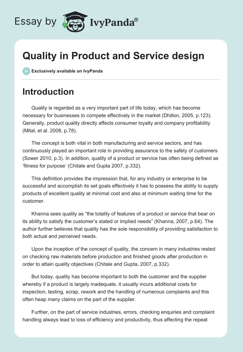 Quality in Product and Service design. Page 1
