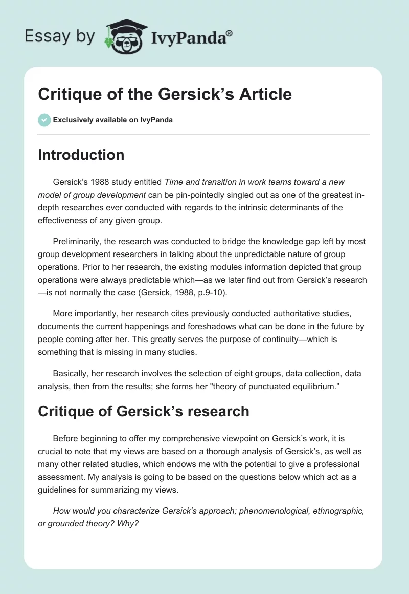 Critique of the Gersick’s Article. Page 1