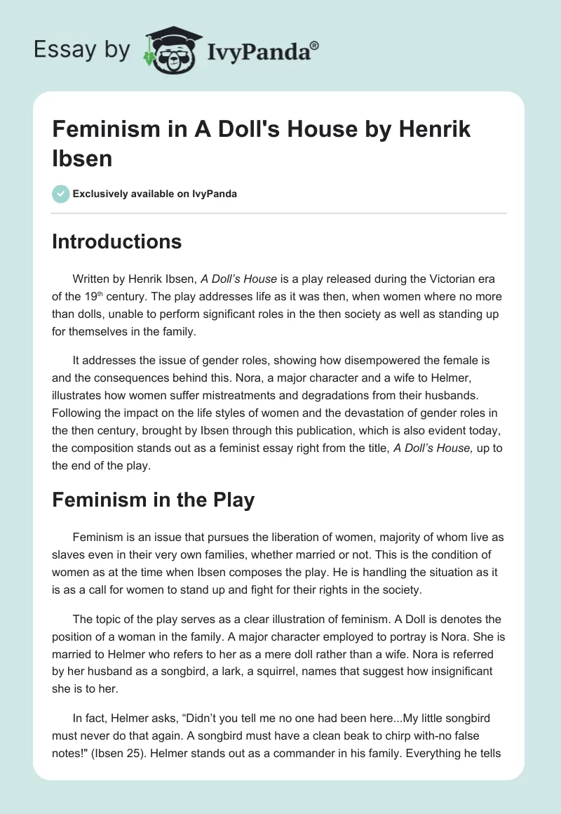 Feminism in "A Doll's House" by Henrik Ibsen. Page 1